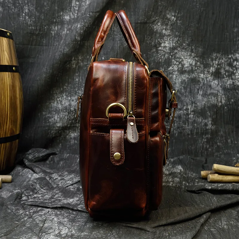 Bolsa de couro genuíno para homens, pasta de couro marrom brilhante vintage de vaca, bolsa de trabalho de 15 polegadas