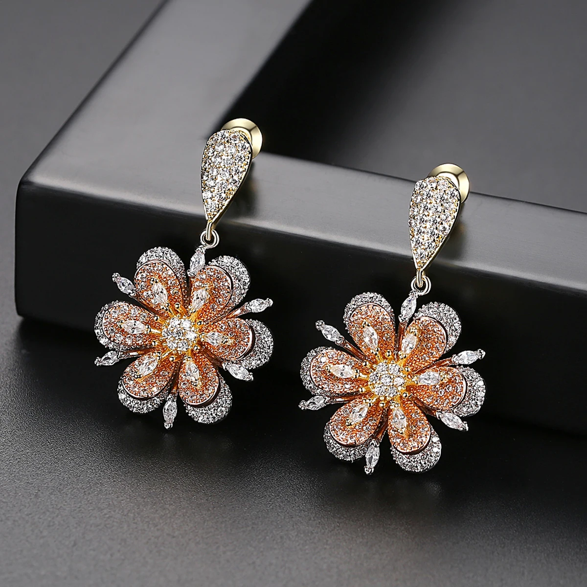 LUOTEEMI Luxury Big Flower Drop Earrings for Women Wedding Engagement Fashion Jewelry Orange Color CZ Friend Christmas Gifts