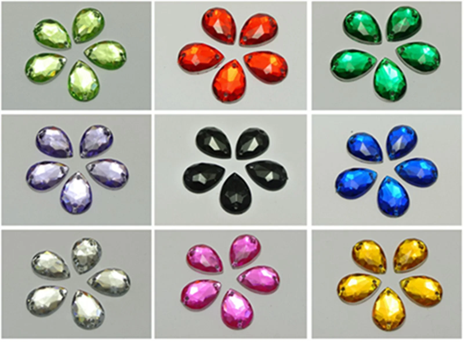 200 Mixed Color Acrylic Teardrop Flatback Sewing Rhinestone Button 10X14mm Sew on beads