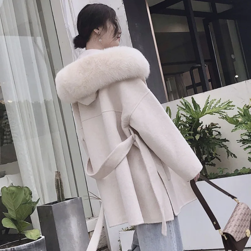 Korea Hooded Cashmere Long Coat With Hood Real Fox Fur Hood Trim Women Warm Large Jacket Female Hooded Outwear Spring Loose Coat