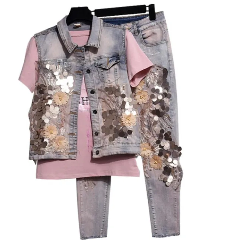 

new fashion women sequins vest denim pants suit female tide