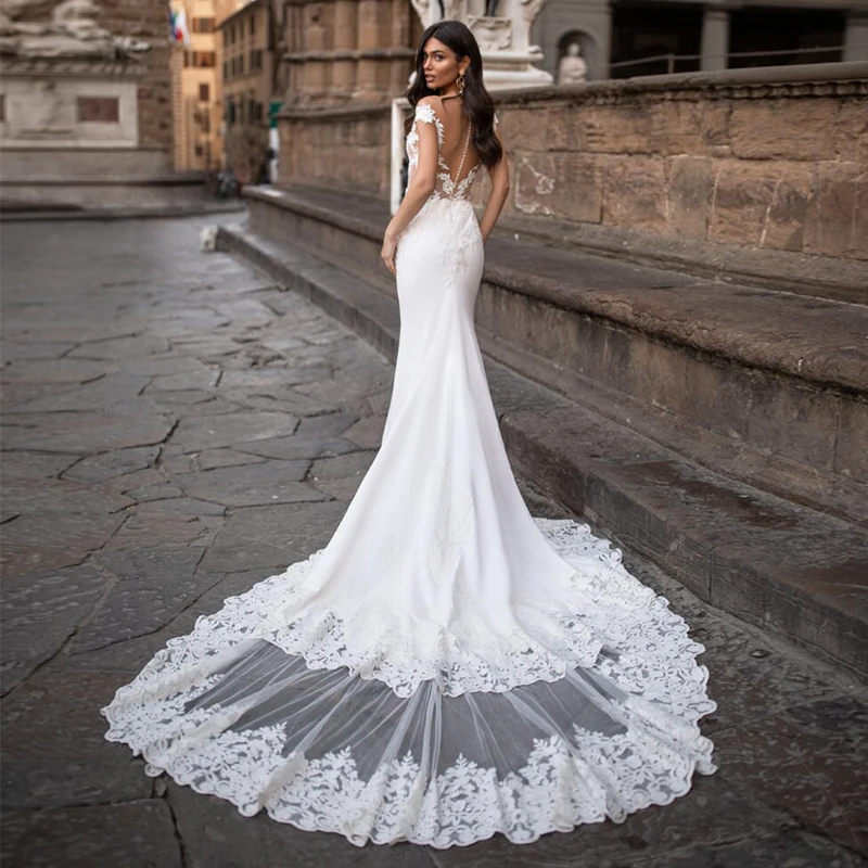 Lace Mermaid Wedding Dresses V Neck Cap Sleeves Appliques Button Satin Bridal Gown Sweep Train Vestidos De Noiva