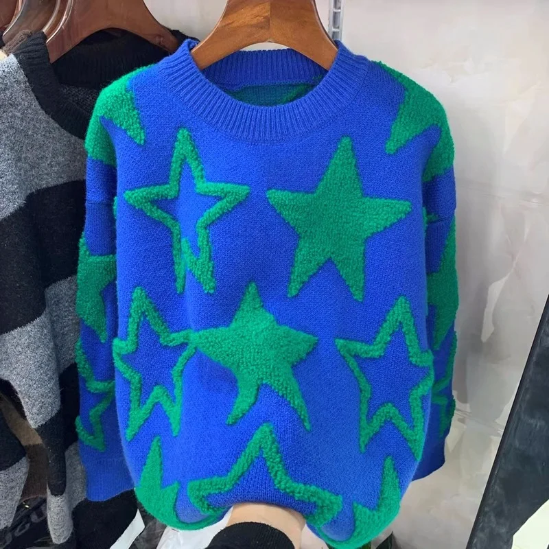

Pullover Sweater Retro Daily Lazy Fan-style Star Sweater Female 2023 Autumn And Winter Fashion Thick Design Needle Clothing Top