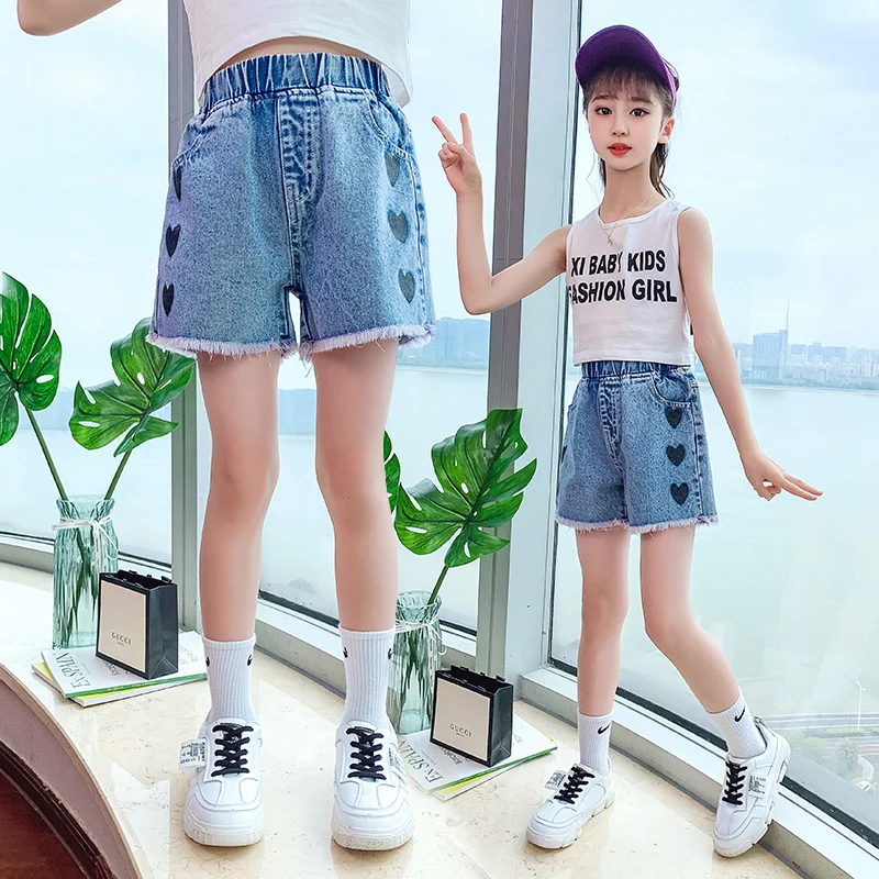 

Summer short jeans for big girls jeans 4-17T big kids trousers love print elastic waist hot pants fanshion Jeans cortos spodenki