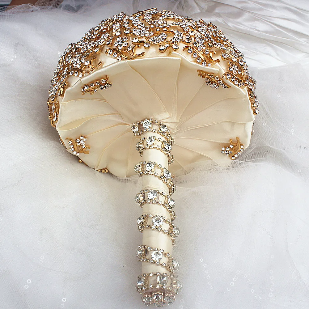 Handmade Satin Ribbon Wedding Bridal Bouquets  Artificial Flower Gold Crystals Rhinestones Sweet 15 Quinceanera Bouquets W888G