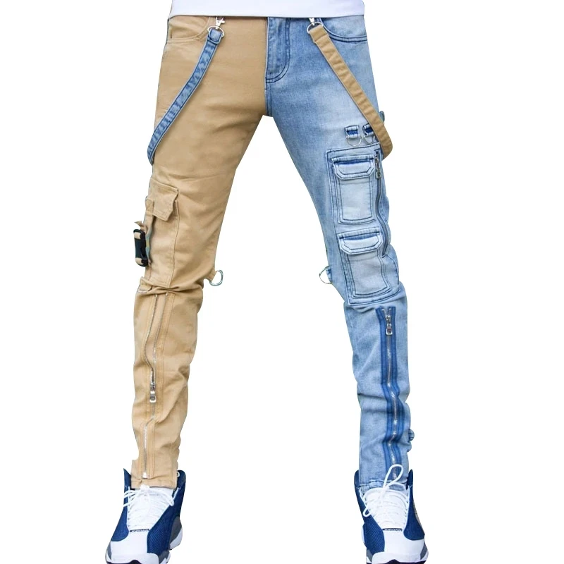 Men's jeans patchwork 2021 high street straight overalls men's oversized hip-hop yellow blue denim trousers fashion men's casual