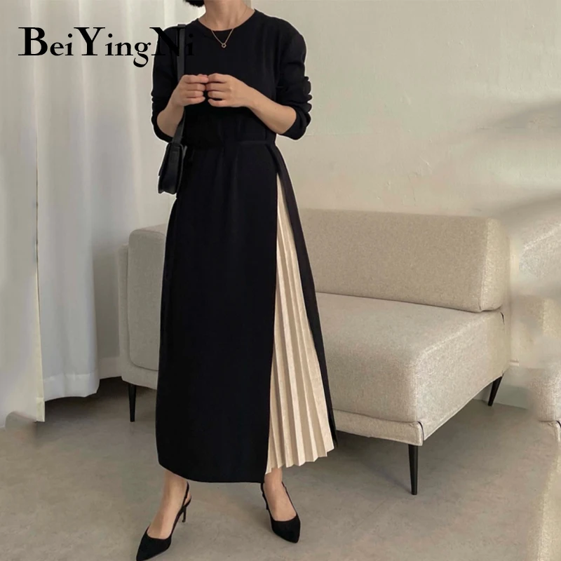 Beiyingni Stylish French Midi Dress for Women Patchwork Belted Casual Long Sleeve Knitted Women\'s Pleated Dress Sweater Dresses