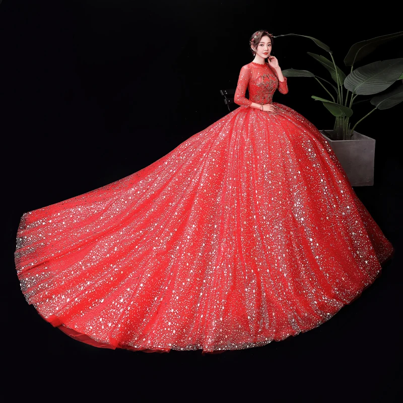 Customized New Real Photo High Neck Red Romantic Long Sleeve Wedding Dress Plus Size  Vestido De Novia Bridal Gowns For Women