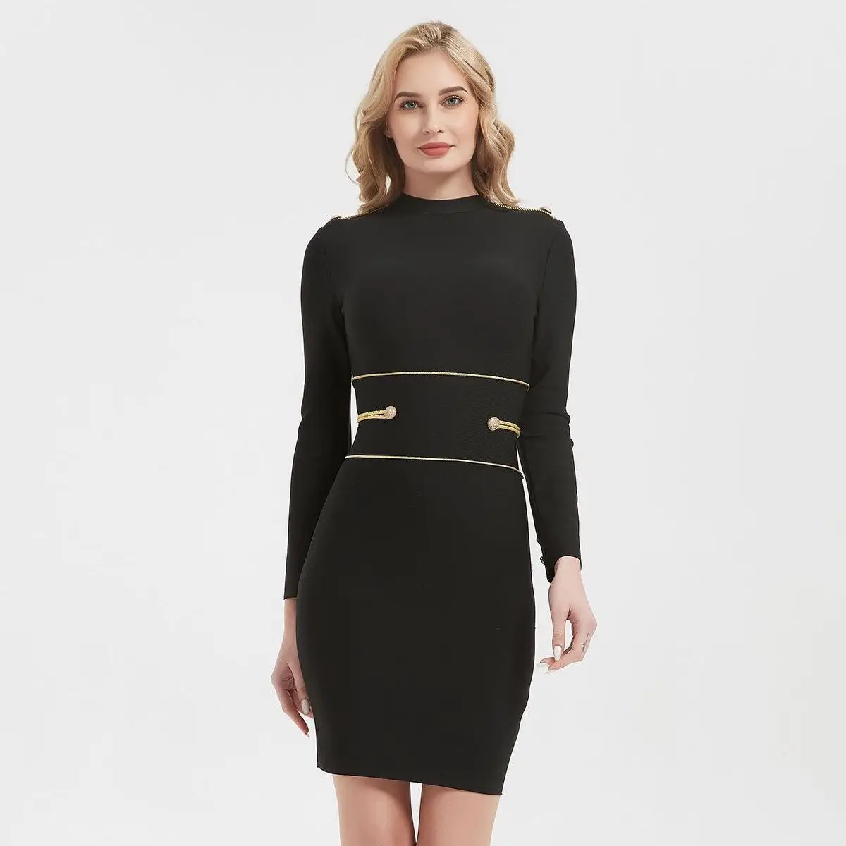 Hashupha 2022 lato czarny Mini bandaża sukni kobiet przycisk z długim rękawem O Neck Bodycon Sexy elegancki klub suknie wieczorowe