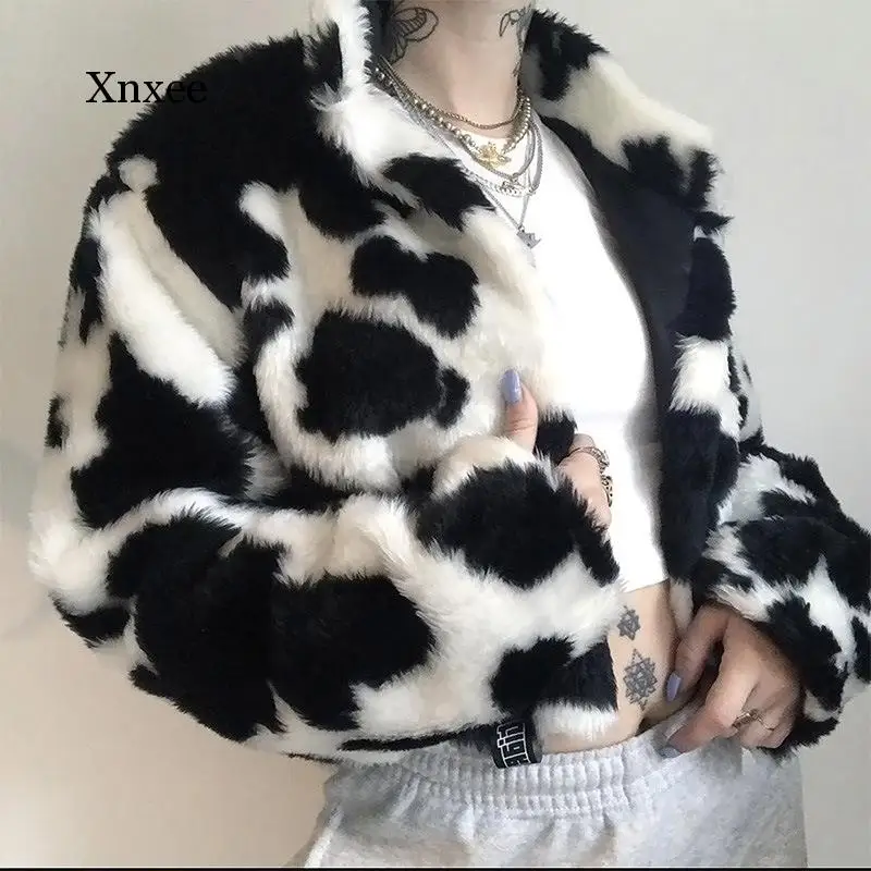 

Winter Warm Faux Fur Cozy Cow Printed Jacket Women Casual Hairy Streetwear Coat Female Fall Loose Outwaer Clothing