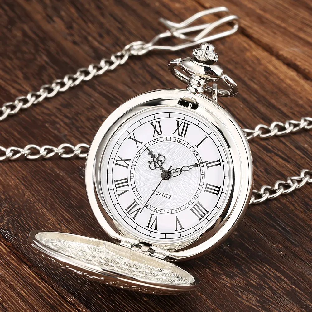 Roman Numerals Display Dial Exquisite Black/Silver/Bronze/Gold Quartz Pocket Watches Men Retro Pendant Clock with Pocket Chain