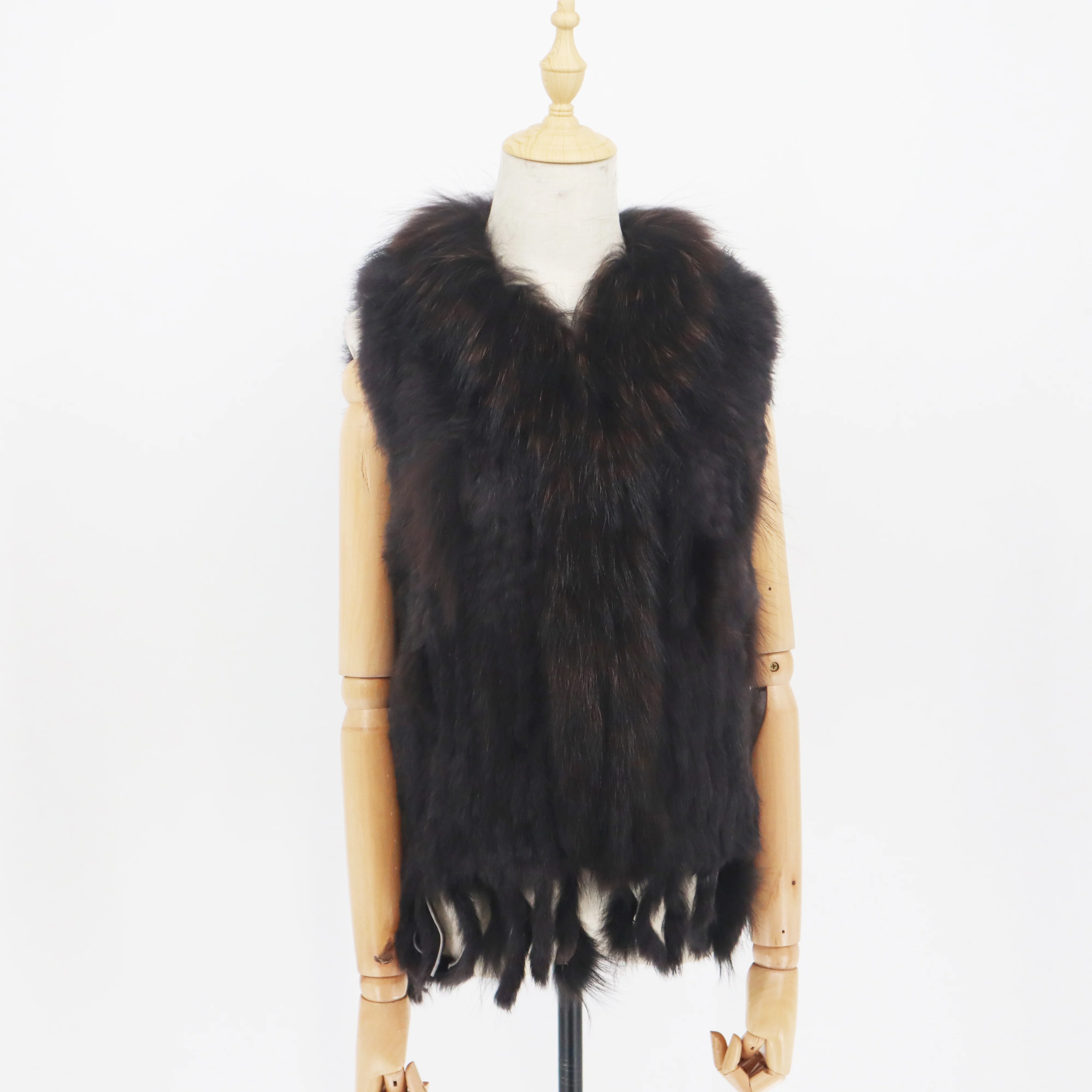 Factory Customized 2021 Fashion Real Rabbit Fur Tassel Vest High-end Women Knitted Sleeveless Vests Natural Raccoon Fur Jacket