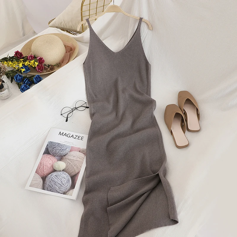 Fashion Knitted Women Dresses Elegant Solid Colid Korean Split Out Sleeveless V-Neck Party Female Dress Vestidos