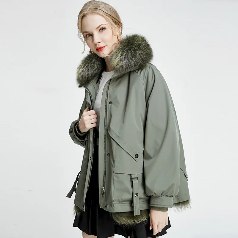 Parka da donna in pelliccia di procione grande moda invernale cappotto di fodera di coniglio reale di buona qualità colletto di pelliccia naturale