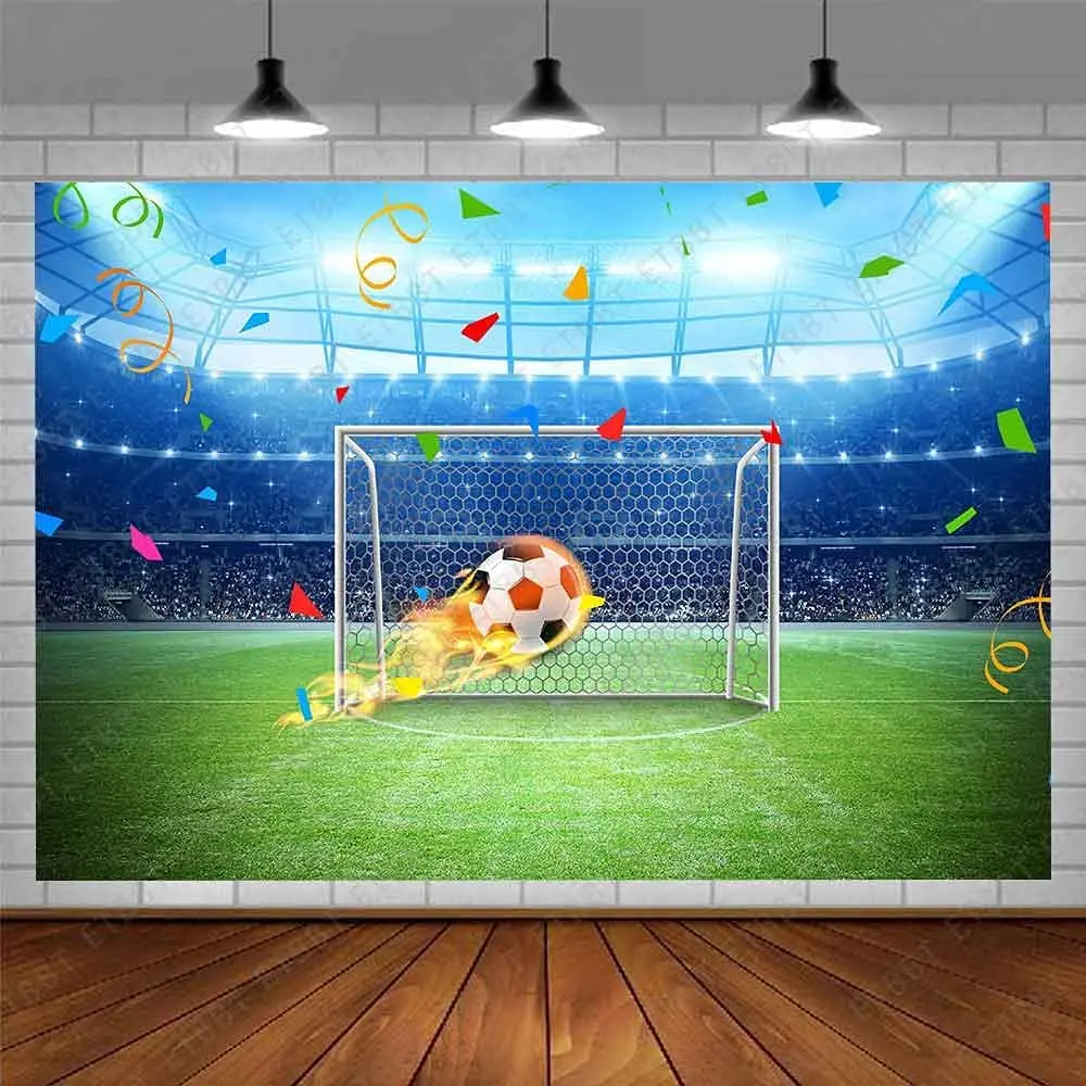 Photography Backdrops Goal Soccer Green Field Pitch Fire   Background Stadium Auditorium Light Boys Sports Theme Birthday Party