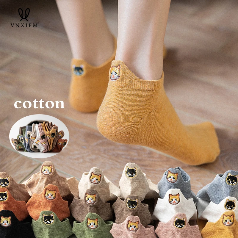 4pairs/lot cat heel embroidered women's boat Socks cotton sports socks stretch deodorant socks fun casual breathable ankle socks