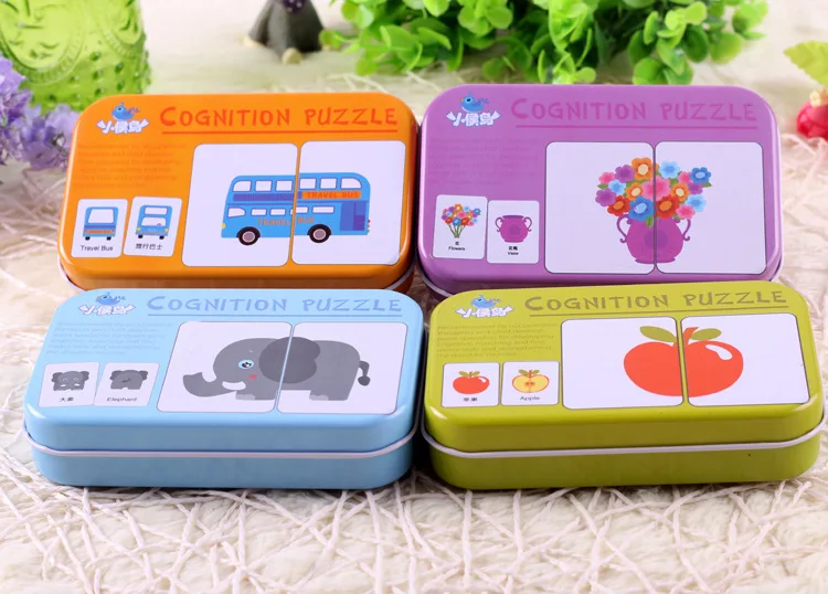 Baby Cognition Puzzle Toys Toddler Kids Iron Box Cards Matching Game scheda cognitiva Car Fruit Animal Life Puzzle J0360