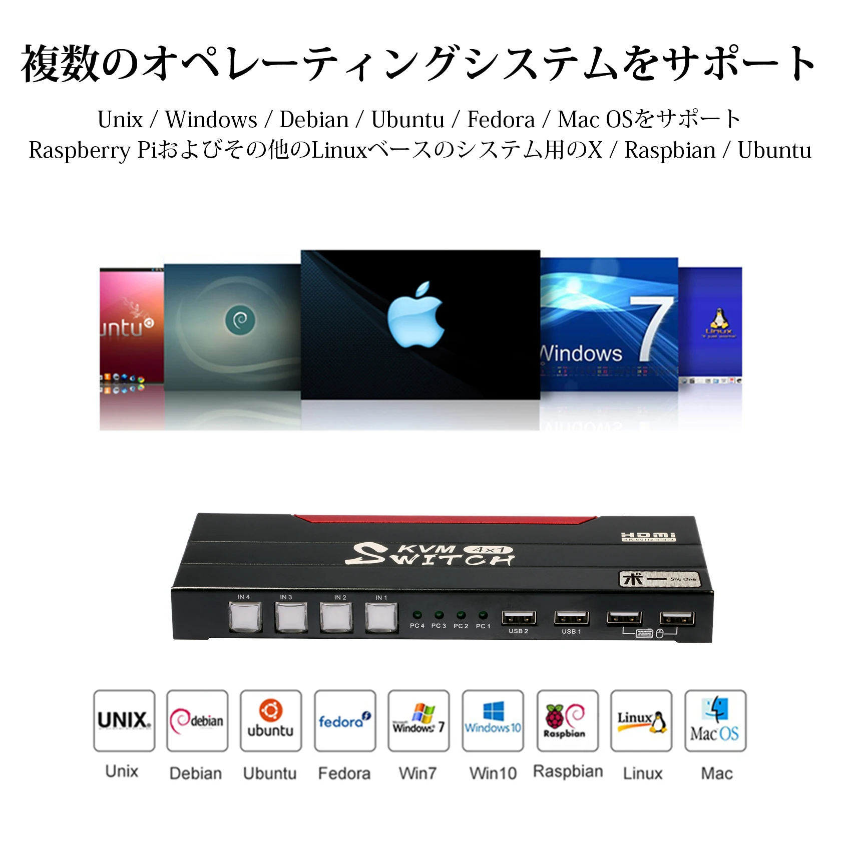 Interruttore KVM miraxx 4 x1 4K @ 60Hz 4:4:4 supporta USB 2.0, HDCP2.2, controllo Hot Key fino a 4 computer/server/DVR