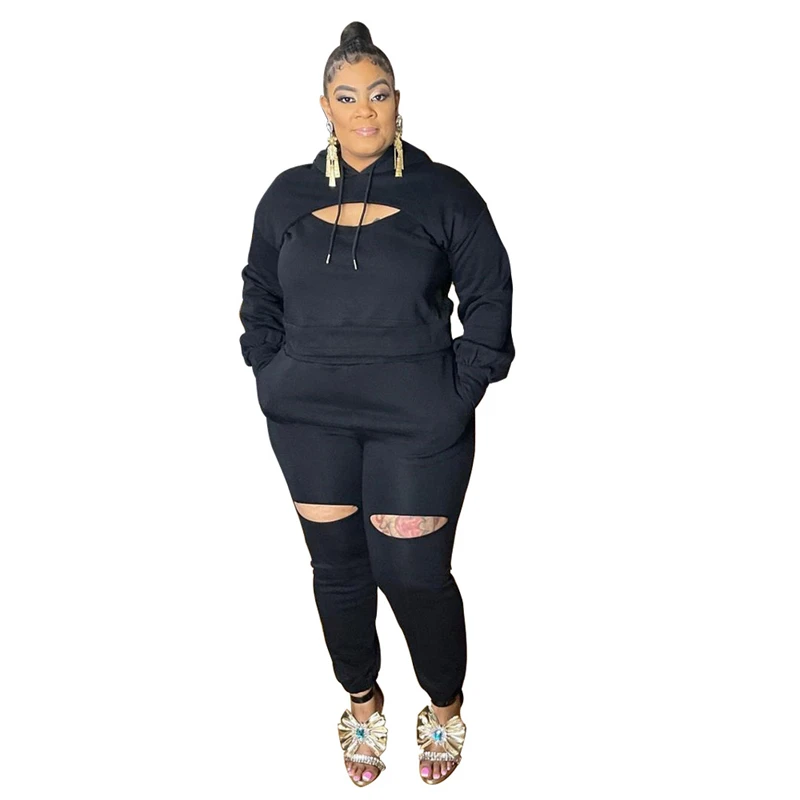 Plus Size Women Clothing Black Sport Set Long Sleeve Tops and Pants Set Tracksuit Ladies Jogging Suits Wholesale Dropshipping