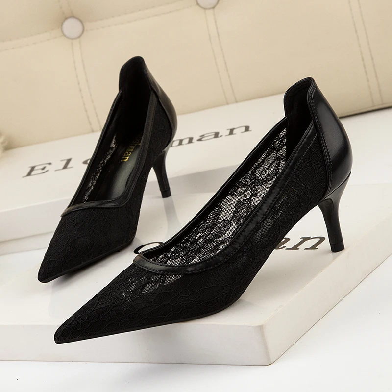 Sexy Party High Heel Shallow Pointed Side Hollow Water Drill Lace Women's Single Shoes Wedding Shoes Large Size Female Shoes