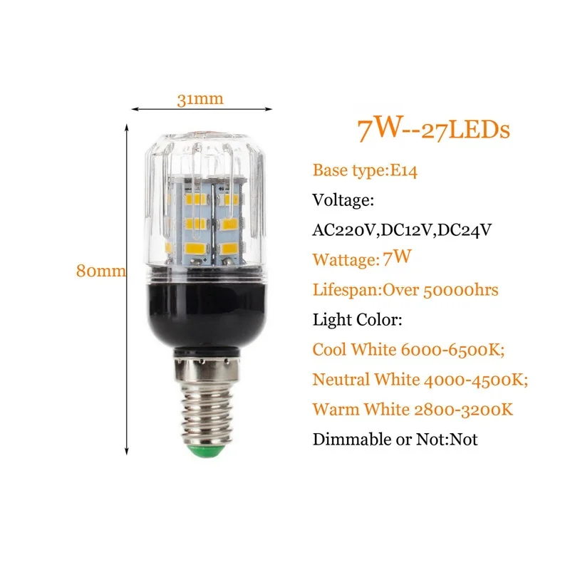 Hot E27 E14 E12 E26 27LEDs 7W Lighting SMD 5730 LED Corn Bulb Lamp Christmas Chandelier Lights 110V 220V DC 12V 24V Lamps