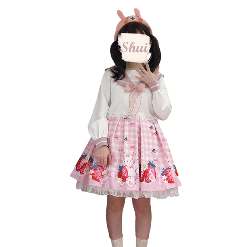 Kawaii Strawberry Lolita Mini Skirt Women Tulle Bunny Pleated Cute Plaid Rabbit Lace School Girl Princess Party Short Tutu Skirt