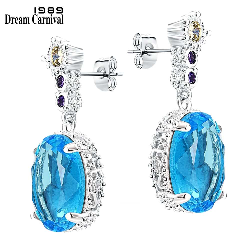 DreamCarnival1989 Women Earrings Silver Plated 32mm Big Drop Aquamarine Zircon Shiny Wedding Anniversary Jewelry Hot Gift WE4119