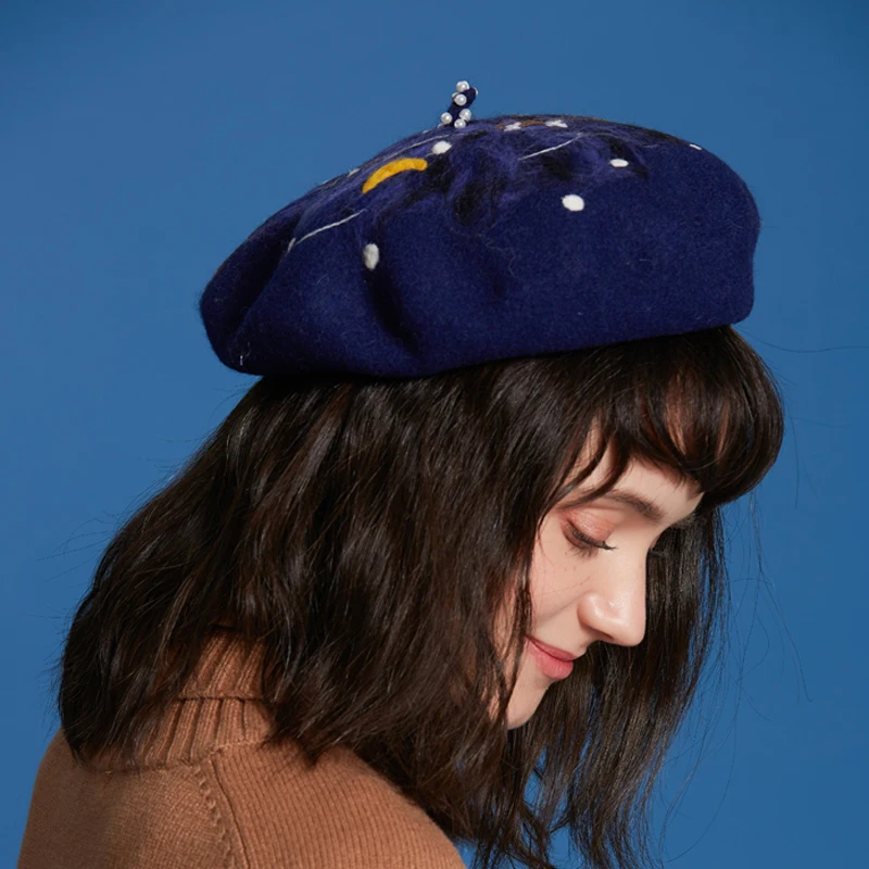 Women Hat Handmade Starry Night Soft Wool Felt Beret Cap French Style Vintage Artist Painter Warm Winter Hat