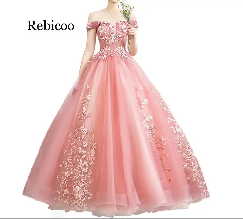 

Dresses Ball Gown Off The Shoulder Lace Appliques Tulle Floor Length Sweet 16 Dress Debutante Gowns