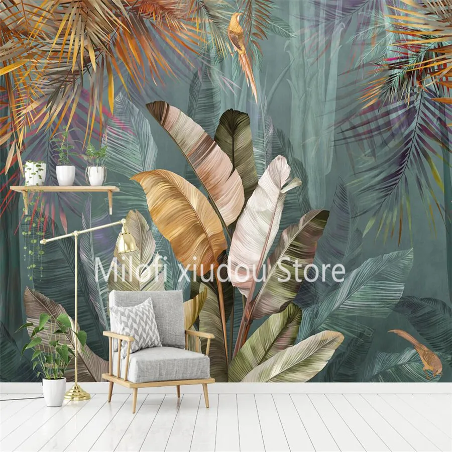 Custom 3D Poster Mural Wallpaper Tropical Plant Forest Banana Leaf Flamingo Photo Wall Papers Home Decor For Living Room Bedroom