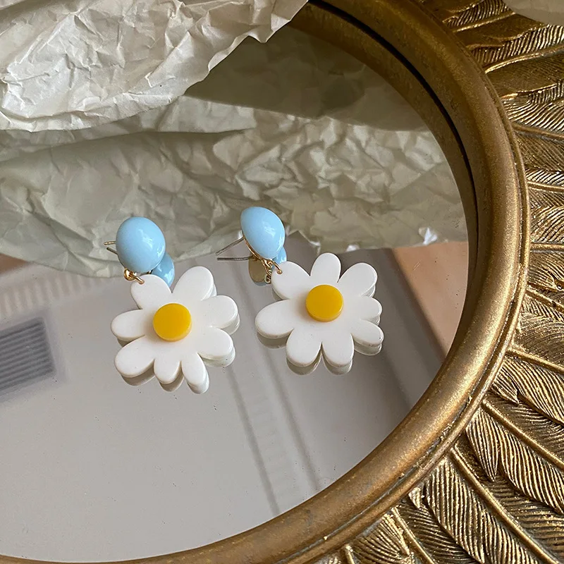 AOMU S925 Sweet Cute Acrylic Color Contrast Blue White Daisy Flower Drop Earrings for Women Girl Spring Summer Jewelry Gifts