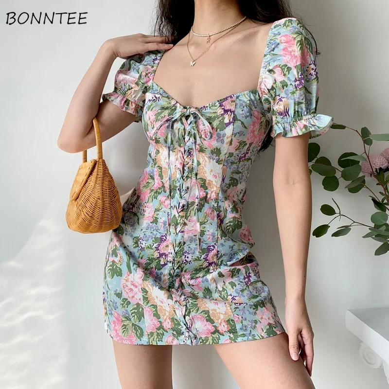 Dresses Women A-Line Mini Sexy Ladies Puff Sleeve Print Holiday Fashion Harajuku Sweet Girls Lovely All-match Simple Vintage Ins