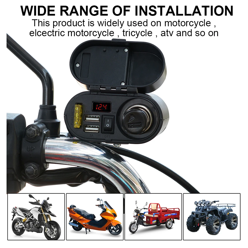 Motorcycle 12V Dual USB Quick Charger Handlebar Rearview Mirror mount  Cigarette- Lighter Voltmeter Digital Clock for smartphone