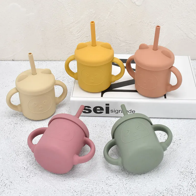 Baby Silicone Water Cup With Two Straws Cute Cartoon Cat Drinking Cups Non-slip With Handle Drinker Kid Feeding Tableware