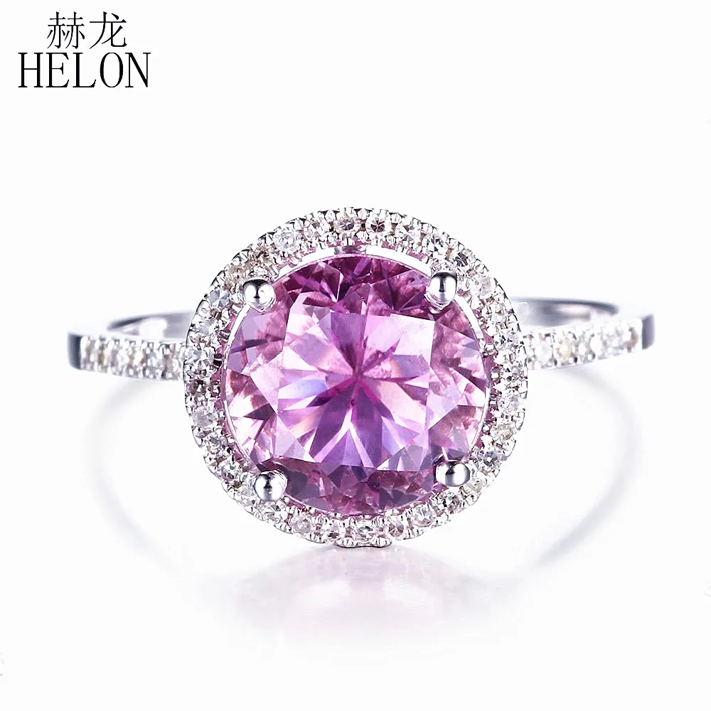 

HELON Solid 14K White Gold AU585 Certified Round 9.5mm Genuine Topaz & Diamonds Wedding Ring Women Brilliant Pretty Fine Jewelry