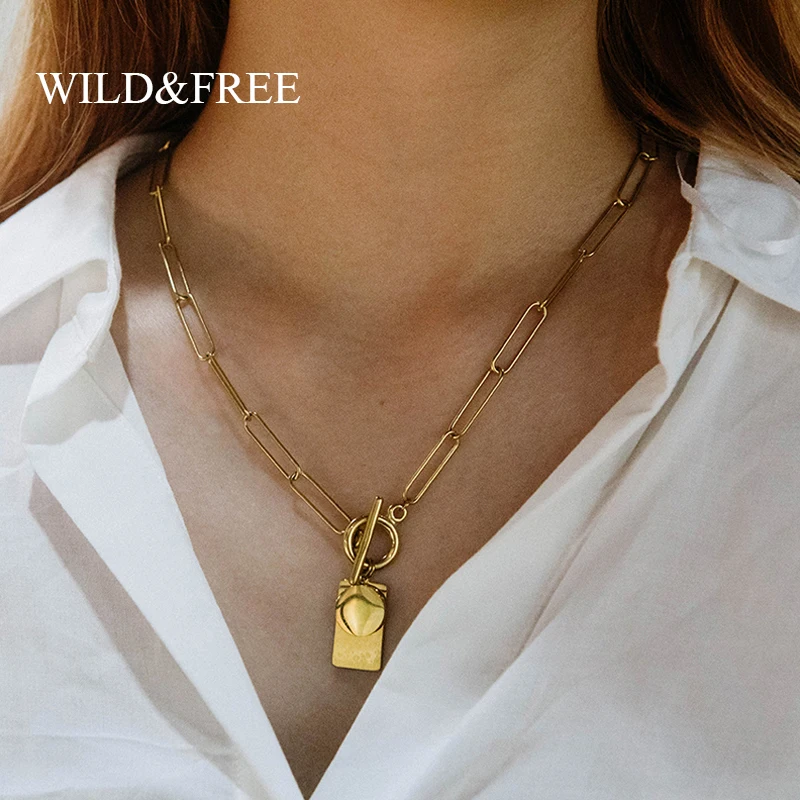 

Stainless Steel Geometric Pendant Choker Necklace For Women Gold Plated Round Rectangle Toggle Chain Chunky Necklaces Jewelry
