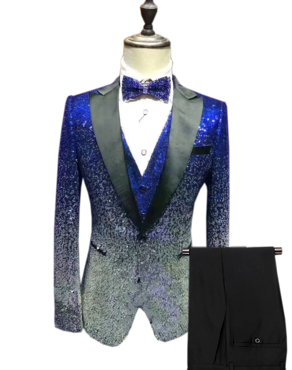 Mens Sequin Suit 3 Pieces Shiny Slim Fit Tuxedo Peak Notch Lapel For Party Wedding Groom Banquet Nightclub (Blazer+Vest+Pant)