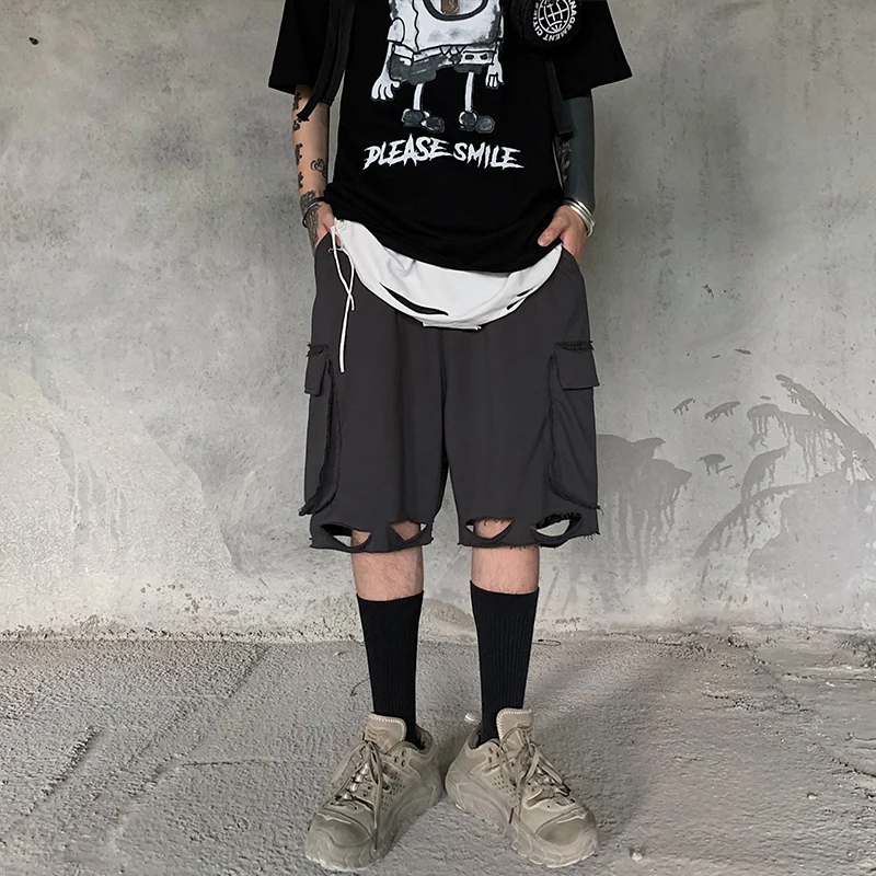 dark high street destruction wind knife cut hole shorts male hip-hop trend bf loose wide-leg casual five-point pants