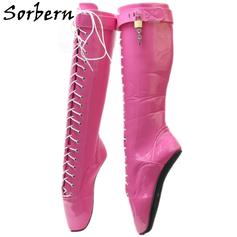 

Sorbern Peach Patent Women Boots Knee High Ballet Heelless Lace Up Shoe Customized Colors Straps Locks Fetish Boot For Sissy Boy