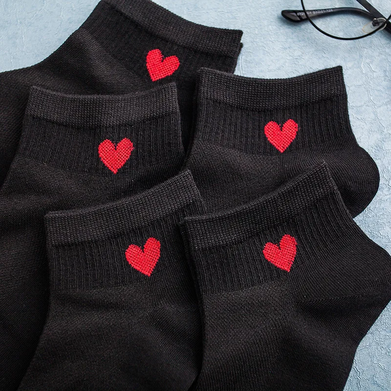 Socks Women Harajuku Woman Cotton Ankle Socks Novelty Love Heart Pattern Socks Hiphop Solid Color Cute Socks Black White Sokken