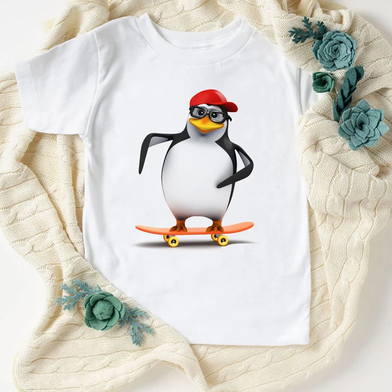 Newly Boys T-Shirt Cute Penguin Cartoon Print Funny Kids Clothes Summer Fashion Girls T Shirt White Clothes Tops Wholesale