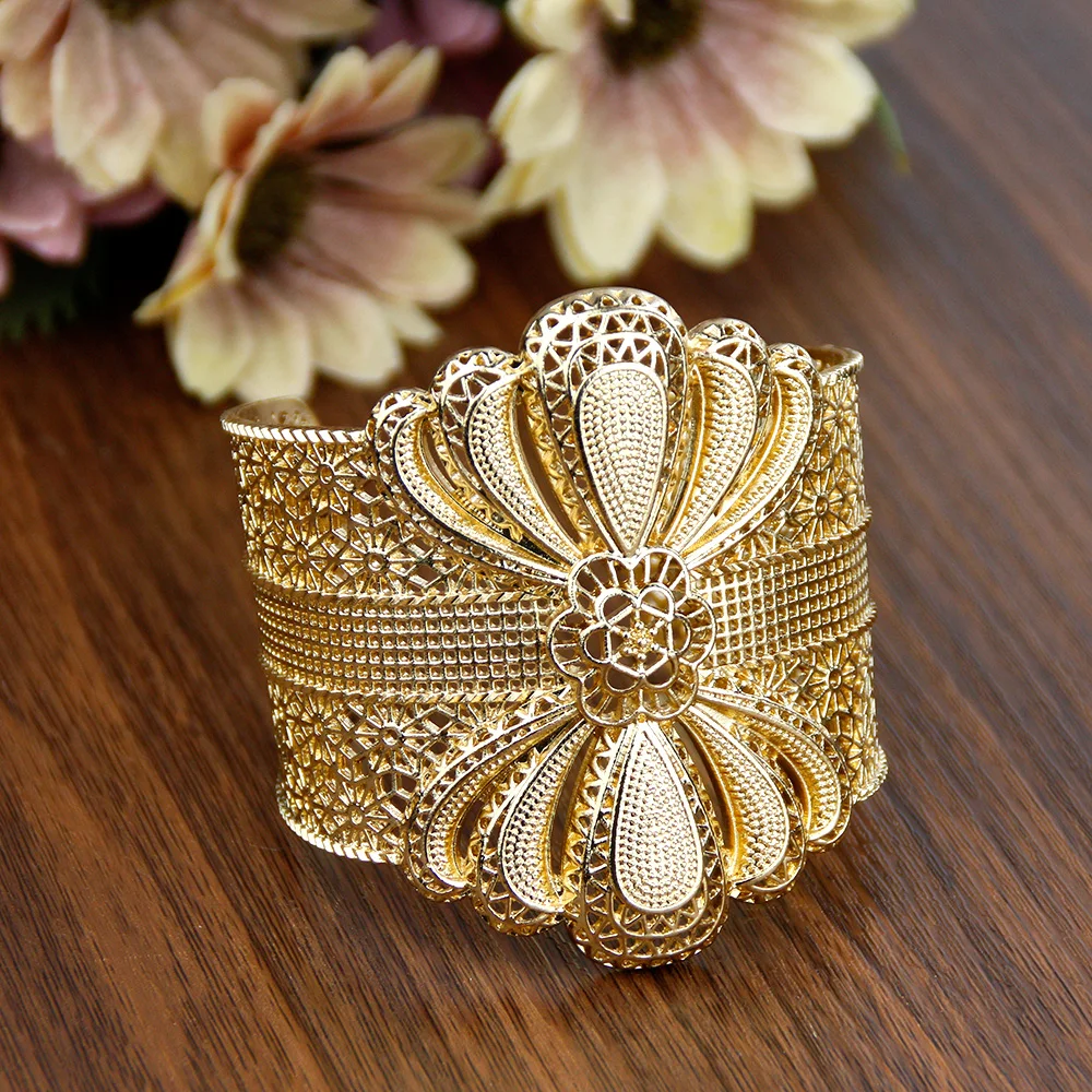 Sunspicems Vintage Algeria Morocco Bangle Cuff Bracelet For Women 18k Gold Color Turkey Wide BraceletBride Wedding Jewelry Gift