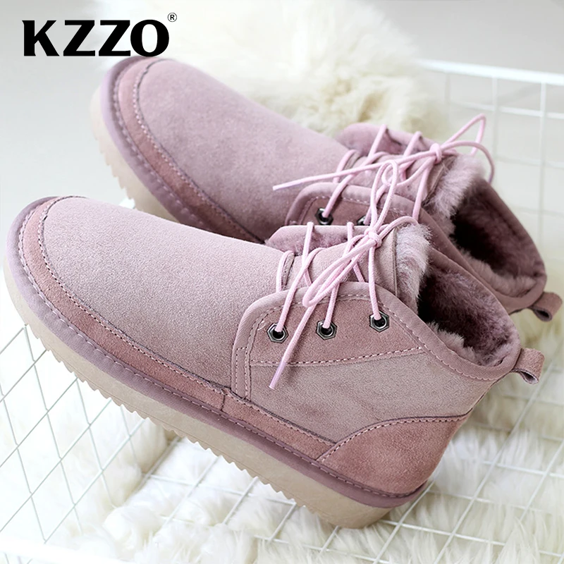 KZZO Sheepskin Leather Snow Boots For 2023 Women Natural Sheep Wool Fur Lined Ankle Winter Warm Shoes Casual Flat Lace-up Boots