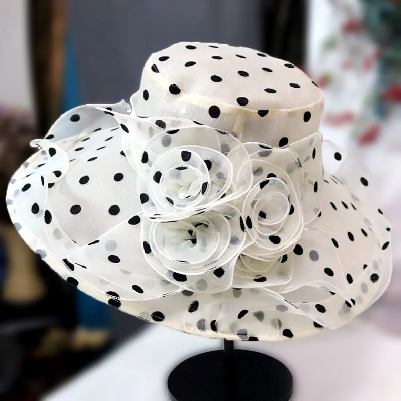 

2021 New Ladies Elegant Flower Church Hats Summer Large Wide Brim Fedora Hat For Women Organza Hat Beach Sun Kentucky Derby Hat