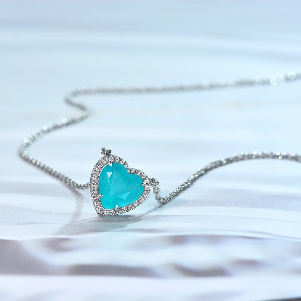 

Aneis Bagues Silver 925 Jewelry 100% 925 Sterling Silver Heart Synthetic Paraiba Tourmaline Necklace For Women Fine Jewelry