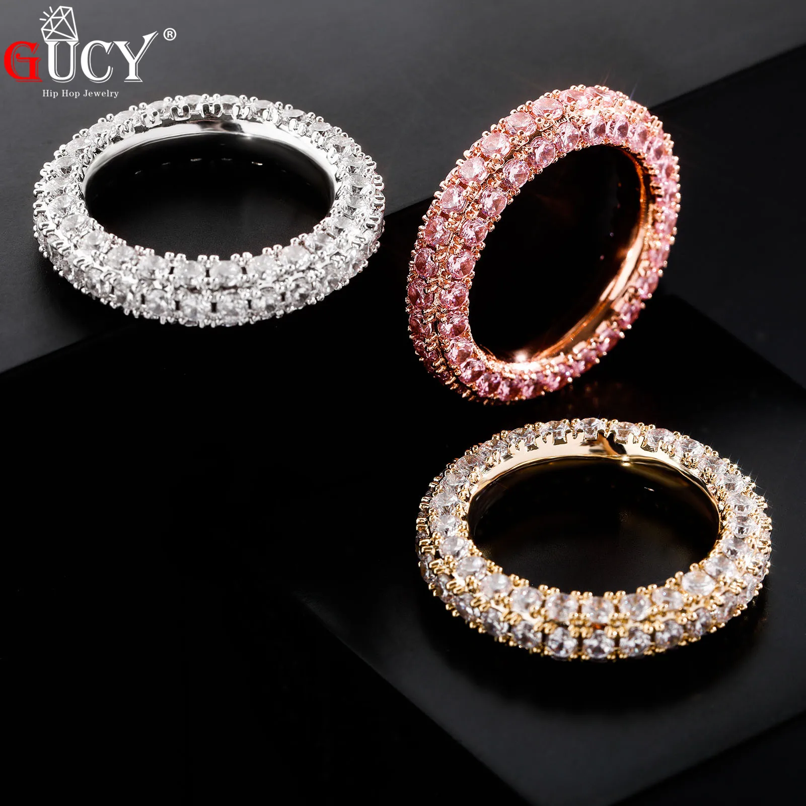 GUCY Two Row  Men's Ring Copper Charm Cubic Zircon Iced Ring Fashion Hip Hop Jewelry For Gift