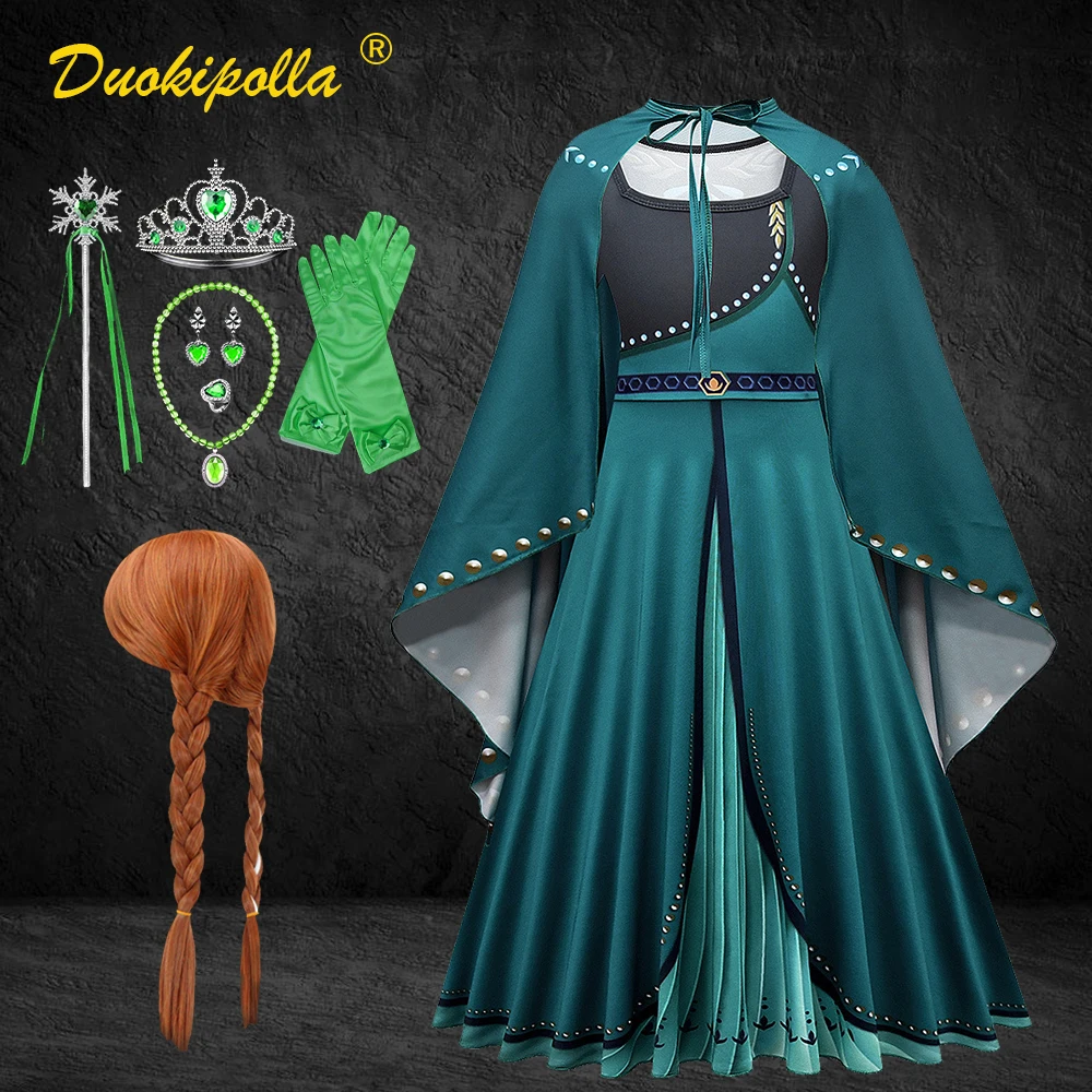 Snow Queen Girls Anna Dress with Fancy Fairy Cape Halloween Child Elsa Costume Birthday Party Green Elegant Dresses for Girls