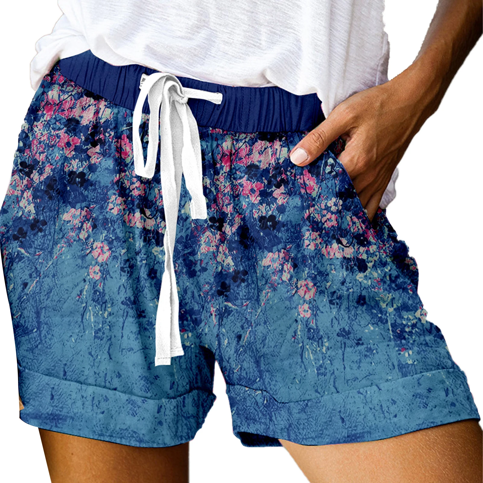 Shorts feminino estampa floral, perna larga verão, folgado, cordão, cor sólida, esportivo, casual, com bolso, cintura alta, roupas femininas