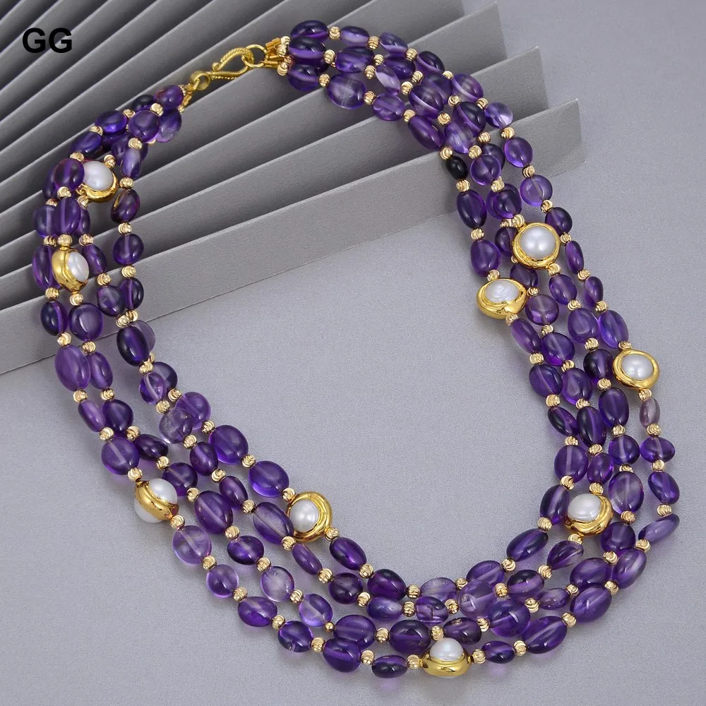 G-G 4 Rows Natural Purple Amethysts Rough Gold Color Plated Edge Natural White Pearl Necklace 18