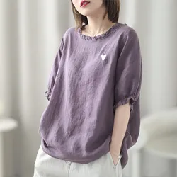 Women Summer Loose Casual T-shirts New Arrival 2021 Simple Style Solid Color All-match Loose Female Cotton Linen Tops Tees S3955